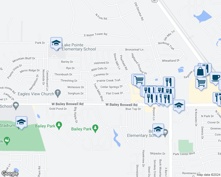 map of restaurants, bars, coffee shops, grocery stores, and more near 5017 Cedar Springs Drive in Fort Worth