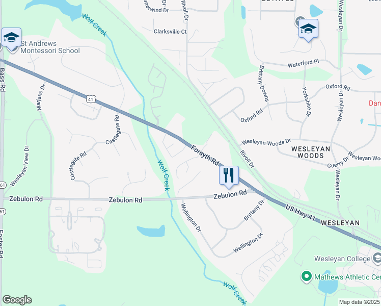 map of restaurants, bars, coffee shops, grocery stores, and more near 5082 Forsyth Road in Macon