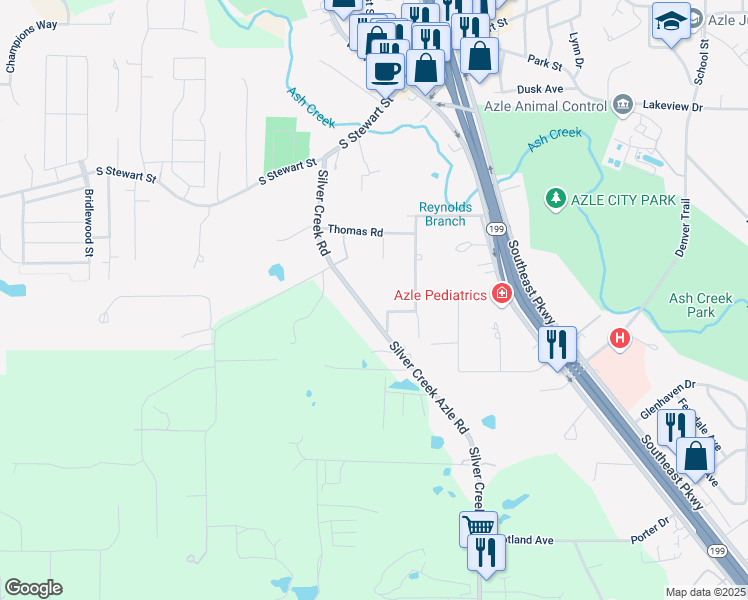 map of restaurants, bars, coffee shops, grocery stores, and more near 625 Silver Creek Road in Azle