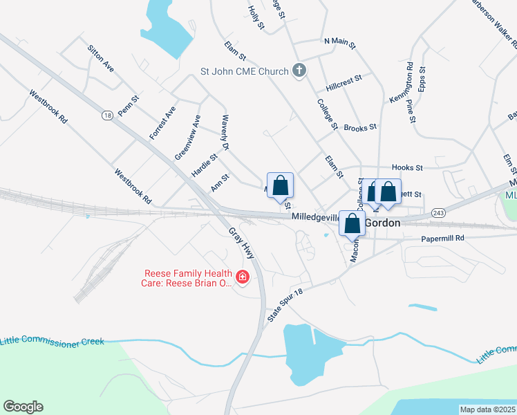 map of restaurants, bars, coffee shops, grocery stores, and more near 322 Milledgeville Road in Gordon
