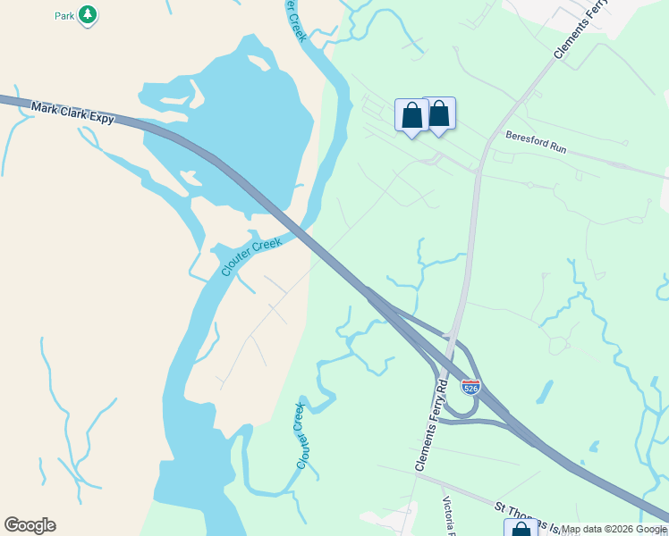 map of restaurants, bars, coffee shops, grocery stores, and more near Mark Clark Expressway in Charleston