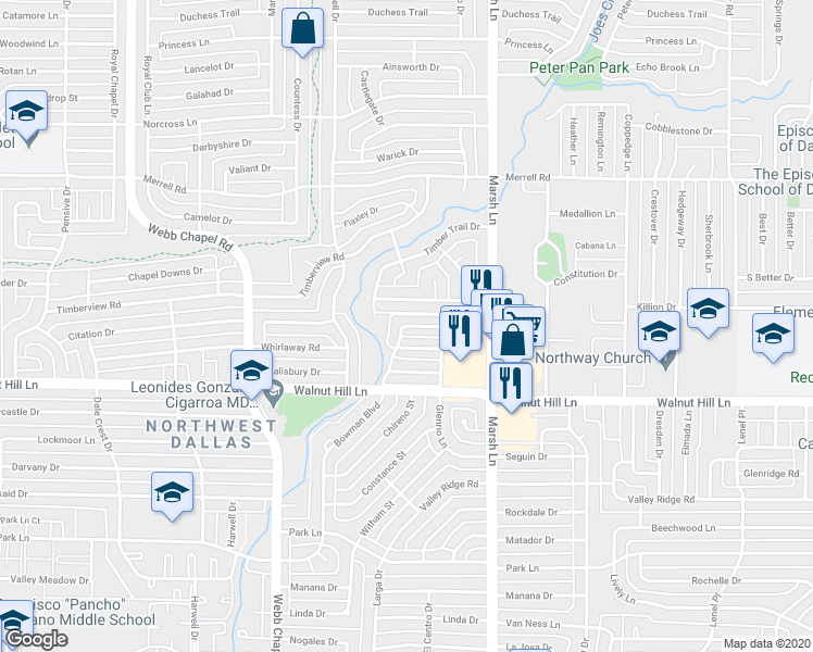 map of restaurants, bars, coffee shops, grocery stores, and more near 3631 Stables Lane in Dallas