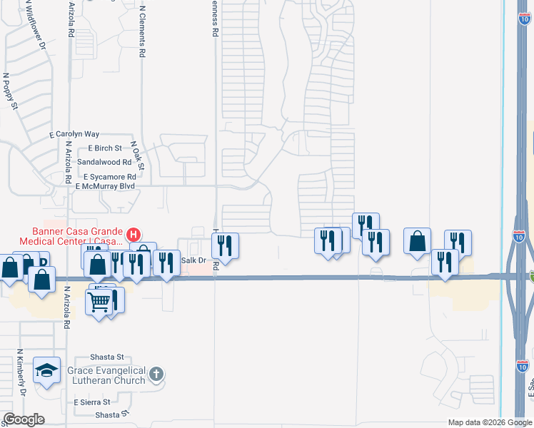 map of restaurants, bars, coffee shops, grocery stores, and more near Cole Circle in Casa Grande