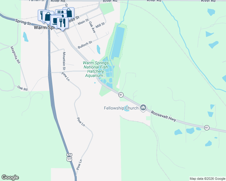 map of restaurants, bars, coffee shops, grocery stores, and more near 43 Arrowhead Estates in Warm Springs
