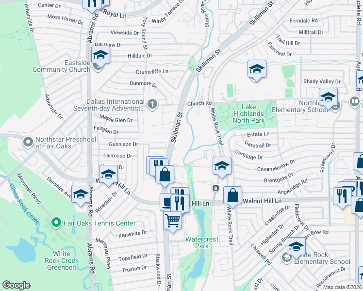 map of restaurants, bars, coffee shops, grocery stores, and more near 7340 Skillman Street in Dallas