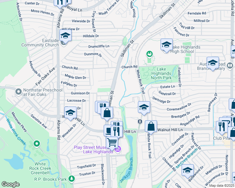 map of restaurants, bars, coffee shops, grocery stores, and more near 7340 Skillman Street in Dallas