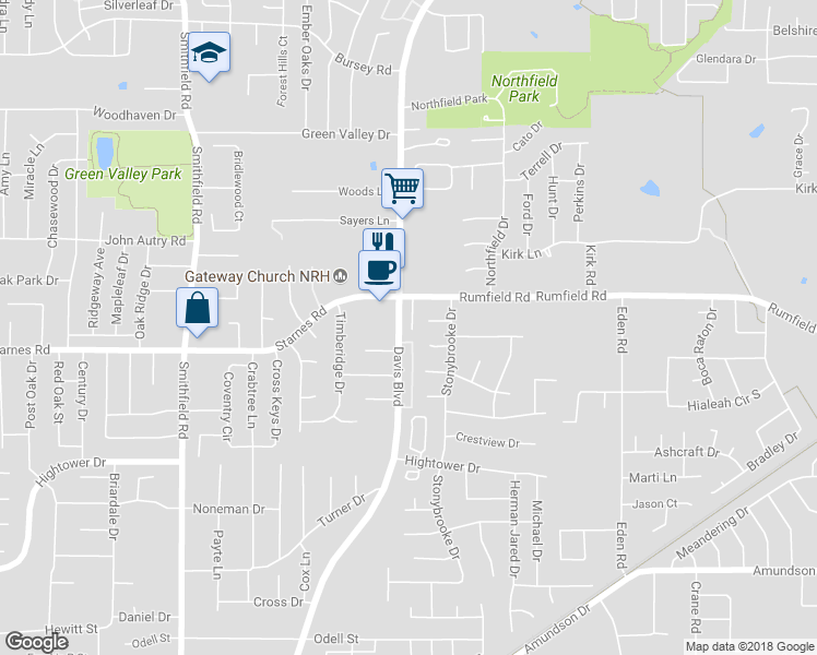 map of restaurants, bars, coffee shops, grocery stores, and more near 7404 Davis Boulevard in North Richland Hills