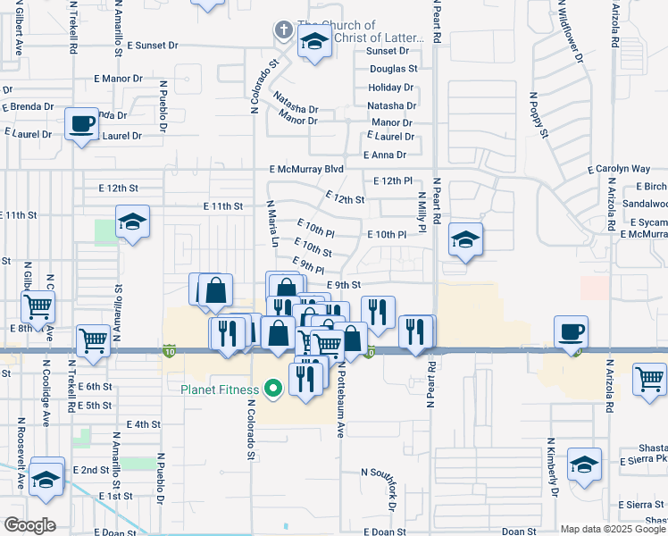map of restaurants, bars, coffee shops, grocery stores, and more near 1378 East 9th Place in Casa Grande
