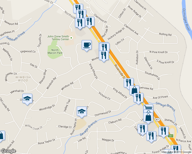 map of restaurants, bars, coffee shops, grocery stores, and more near 2976 King Alfred Drive in Macon