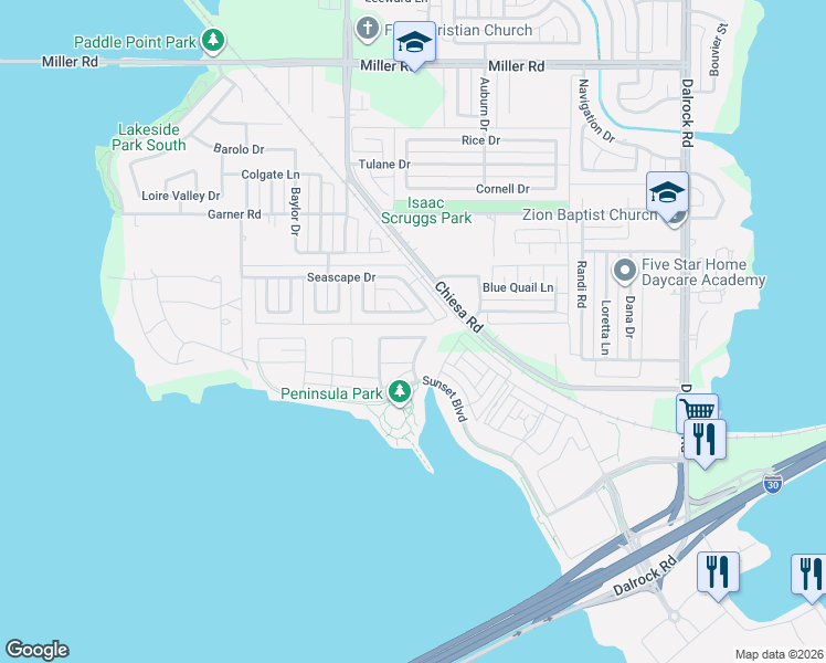 map of restaurants, bars, coffee shops, grocery stores, and more near 2121 Rockbluff Drive in Rowlett