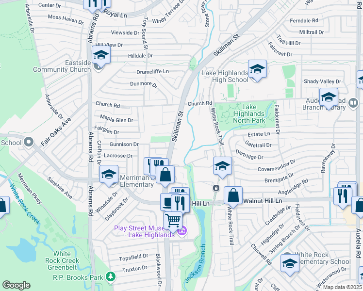 map of restaurants, bars, coffee shops, grocery stores, and more near 7340 Skillman Street in Dallas