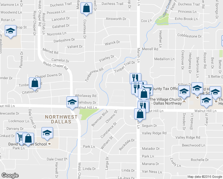 map of restaurants, bars, coffee shops, grocery stores, and more near 3629 Stables Lane in Dallas
