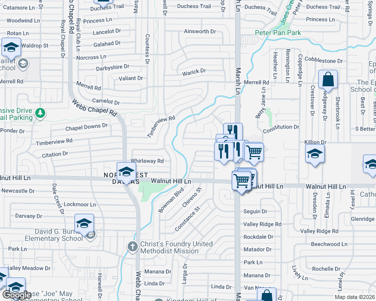 map of restaurants, bars, coffee shops, grocery stores, and more near 10118 Timber Trail Drive in Dallas