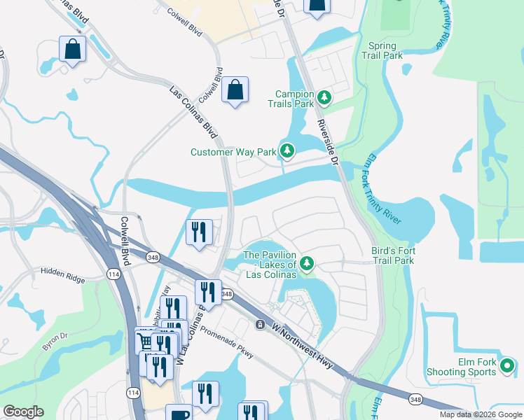 map of restaurants, bars, coffee shops, grocery stores, and more near 5851 Shoreside Bend in Irving