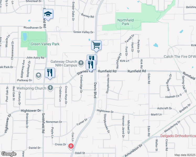 map of restaurants, bars, coffee shops, grocery stores, and more near 7404 Davis Boulevard in North Richland Hills