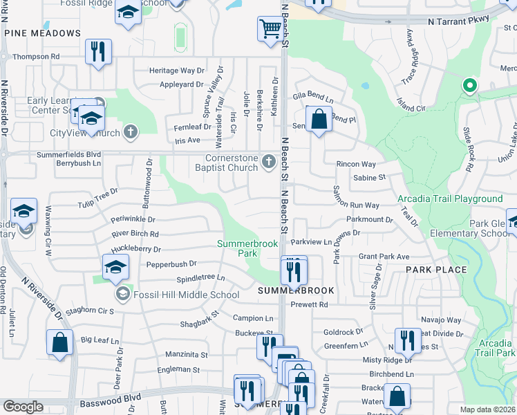 map of restaurants, bars, coffee shops, grocery stores, and more near 4400 Windwillow Court in Fort Worth