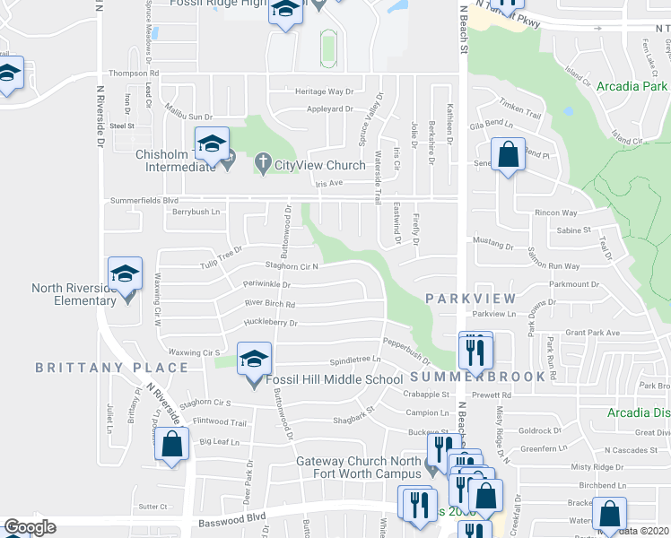 map of restaurants, bars, coffee shops, grocery stores, and more near 4204 Staghorn Circle North in Fort Worth