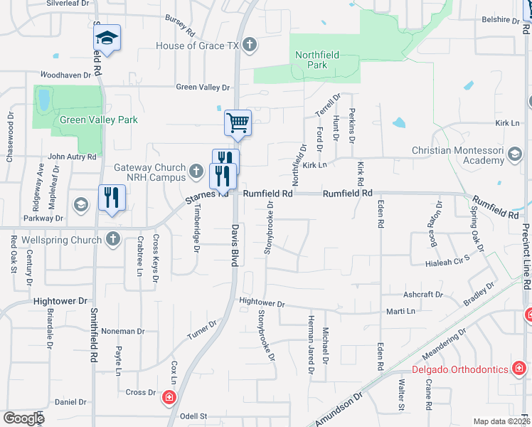 map of restaurants, bars, coffee shops, grocery stores, and more near 8416 Hillcrest Court in North Richland Hills