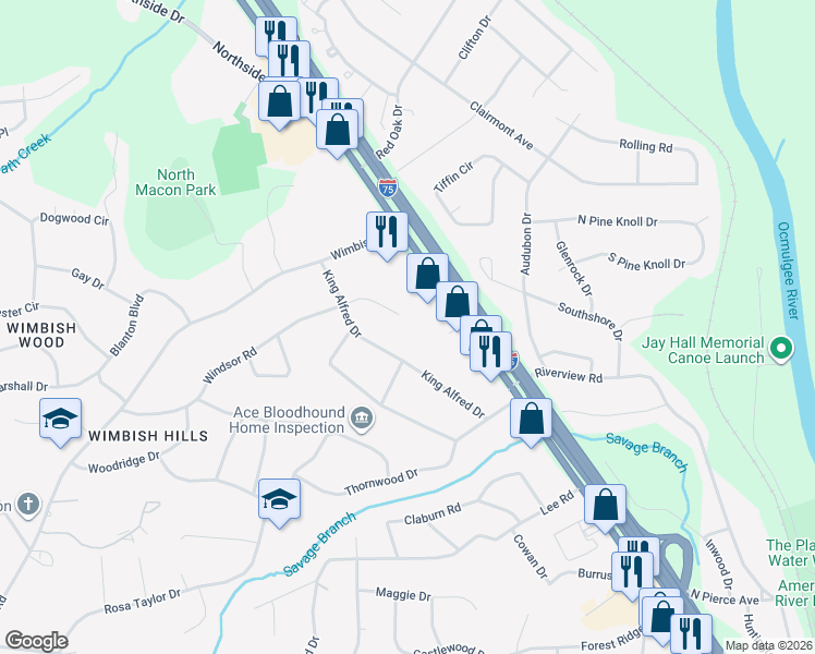 map of restaurants, bars, coffee shops, grocery stores, and more near 857 Windsor Place in Macon