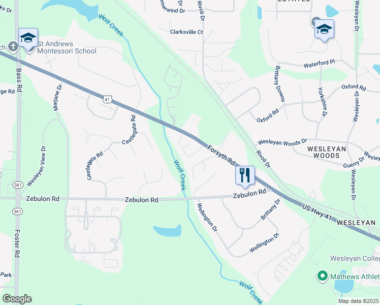 map of restaurants, bars, coffee shops, grocery stores, and more near 120 Windermere Circle in Macon