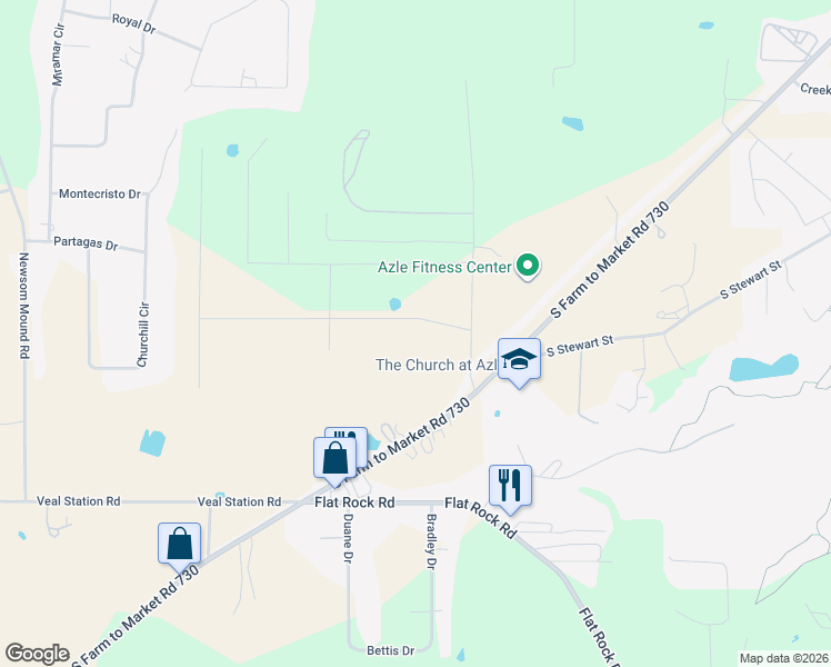 map of restaurants, bars, coffee shops, grocery stores, and more near 125 Thomas Len Road in Azle