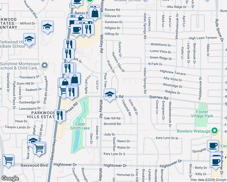 map of restaurants, bars, coffee shops, grocery stores, and more near 7704 Prairie Drive in Watauga