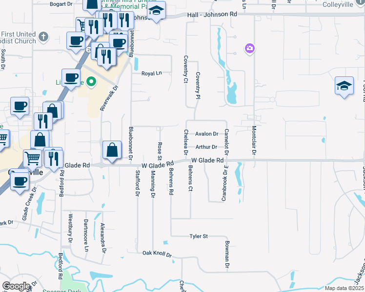 map of restaurants, bars, coffee shops, grocery stores, and more near 5008 Chelsea Drive in Colleyville