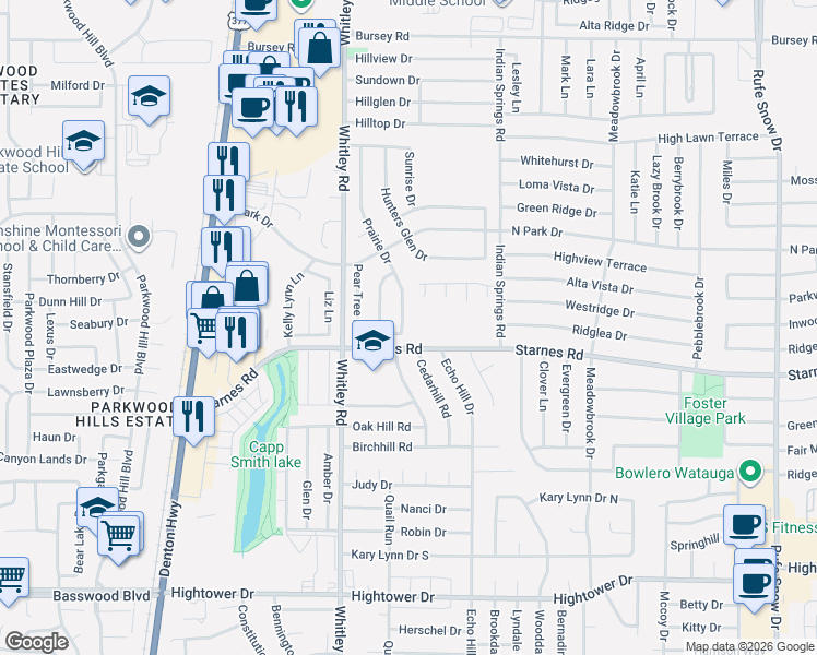 map of restaurants, bars, coffee shops, grocery stores, and more near 7704 Prairie Drive in Watauga