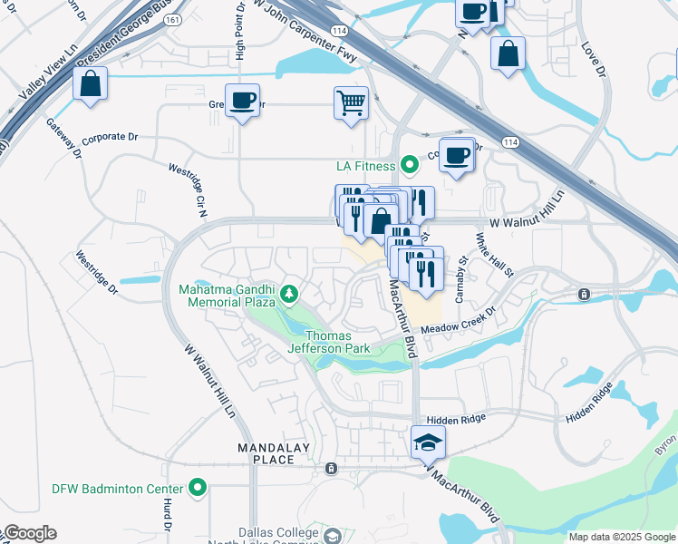 map of restaurants, bars, coffee shops, grocery stores, and more near 1123 Meadow Creek Drive in Irving