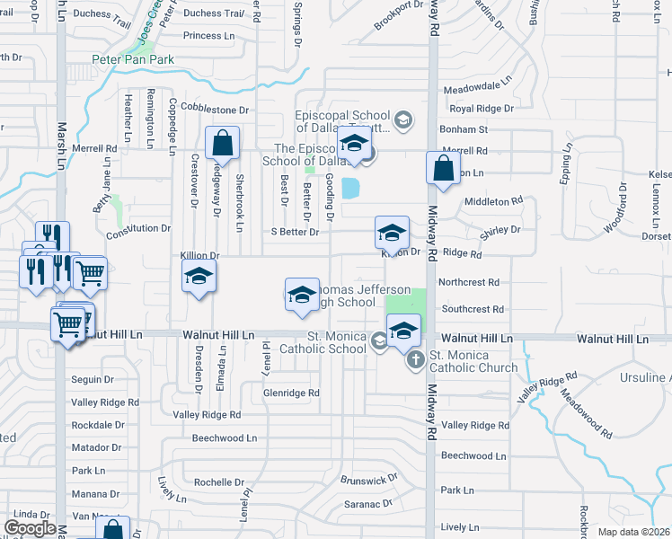map of restaurants, bars, coffee shops, grocery stores, and more near 10112 Gooding Drive in Dallas