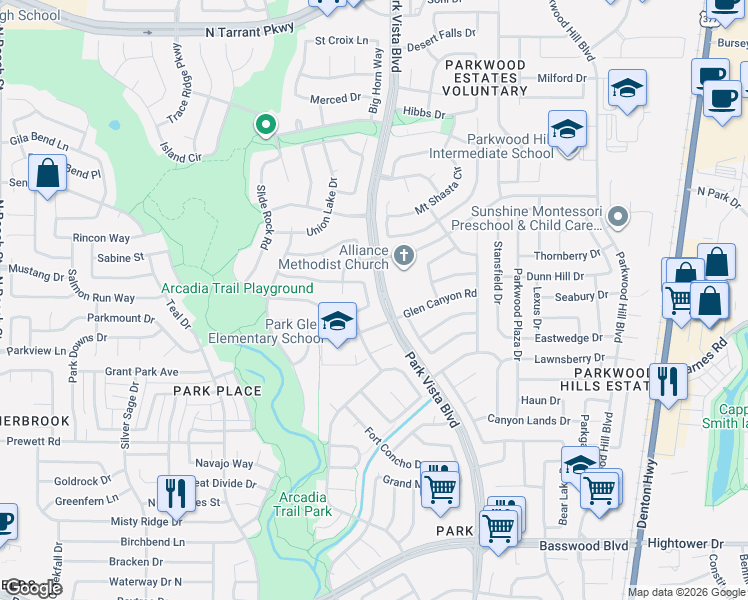 map of restaurants, bars, coffee shops, grocery stores, and more near 8004 Crazy Horse Lane in Fort Worth