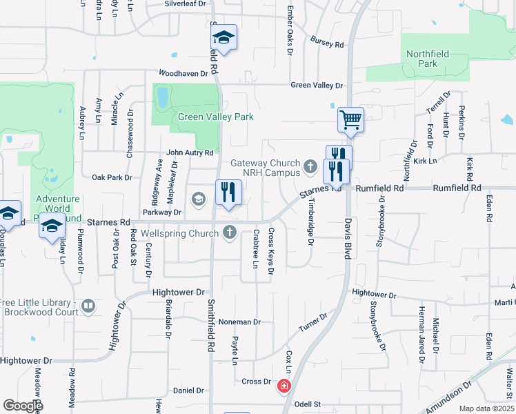 map of restaurants, bars, coffee shops, grocery stores, and more near 7413 Timberhill Drive in North Richland Hills