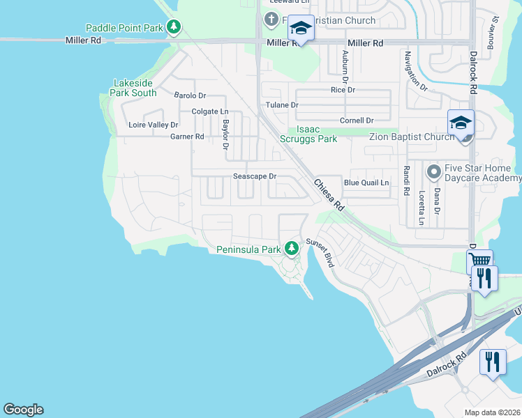 map of restaurants, bars, coffee shops, grocery stores, and more near 2221 Rockbluff Drive in Rowlett
