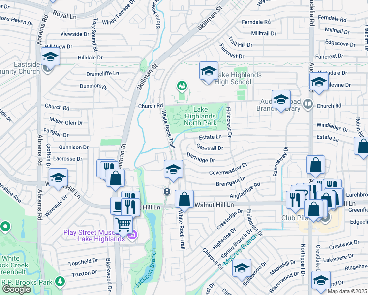 map of restaurants, bars, coffee shops, grocery stores, and more near 9840 Elmcrest Drive in Dallas