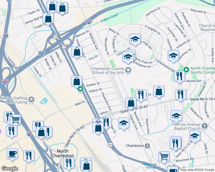 map of restaurants, bars, coffee shops, grocery stores, and more near 1914 Dalton Street in North Charleston