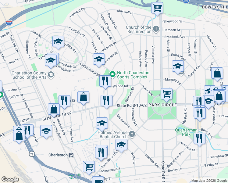 map of restaurants, bars, coffee shops, grocery stores, and more near 4811 Berckman Road in North Charleston