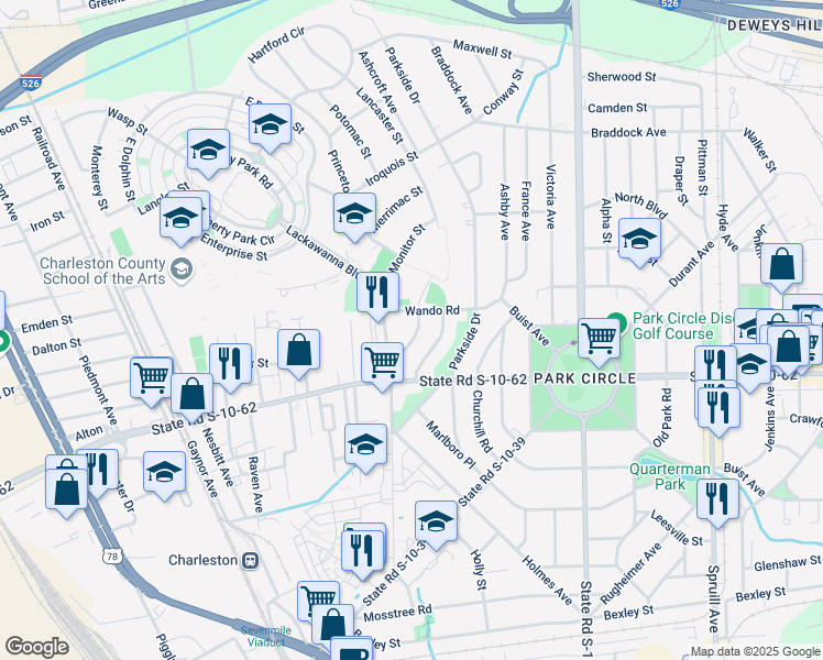 map of restaurants, bars, coffee shops, grocery stores, and more near 4811 Berckman Road in North Charleston