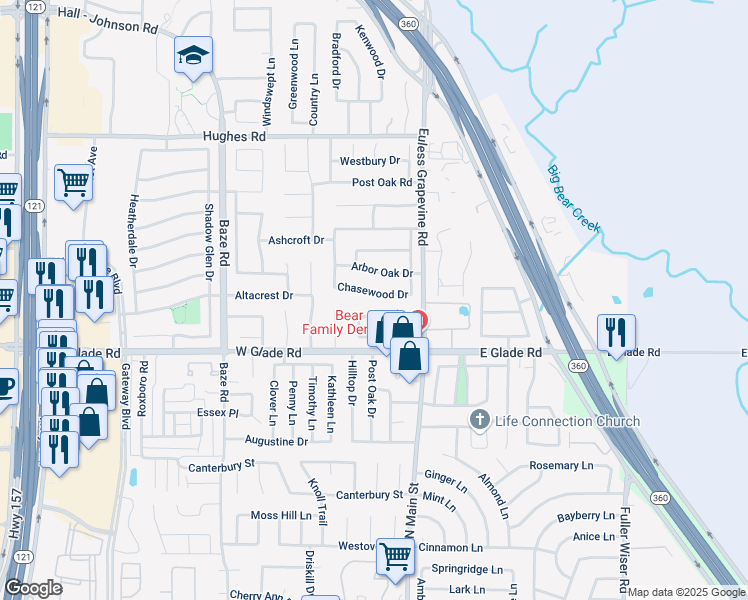map of restaurants, bars, coffee shops, grocery stores, and more near 519 Chasewood Dr in Grapevine