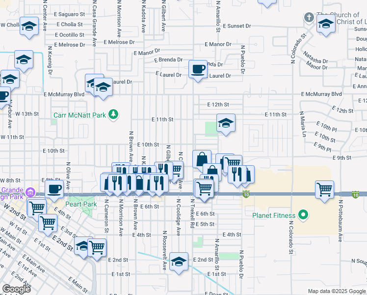 map of restaurants, bars, coffee shops, grocery stores, and more near 924 North Coolidge Avenue in Casa Grande