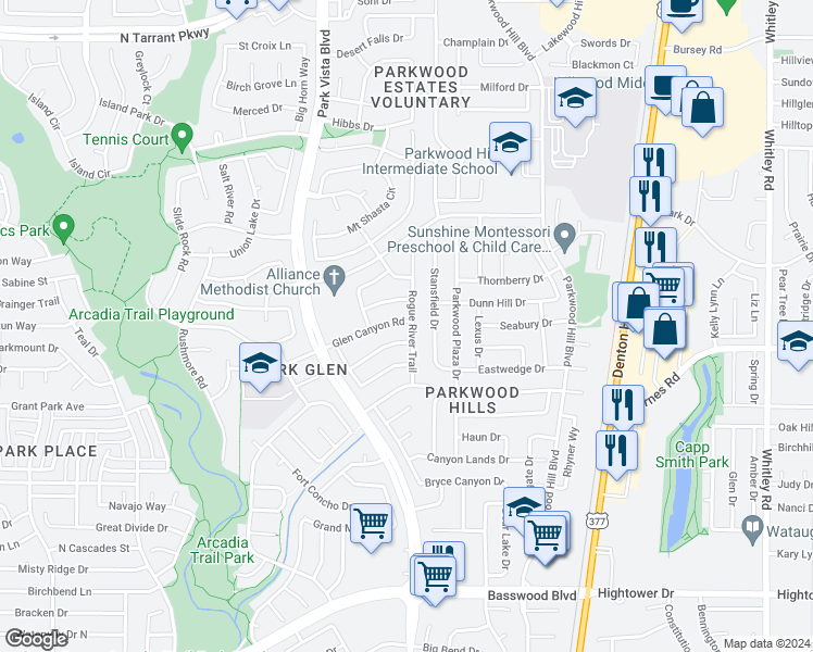 map of restaurants, bars, coffee shops, grocery stores, and more near 5460 Glen Canyon Road in Fort Worth