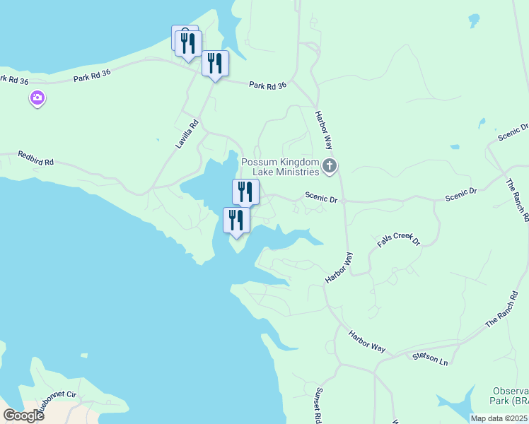 map of restaurants, bars, coffee shops, grocery stores, and more near 3412 Scenic Point Road in Graford