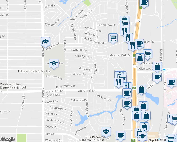 map of restaurants, bars, coffee shops, grocery stores, and more near 7246 Mimosa Lane in Dallas
