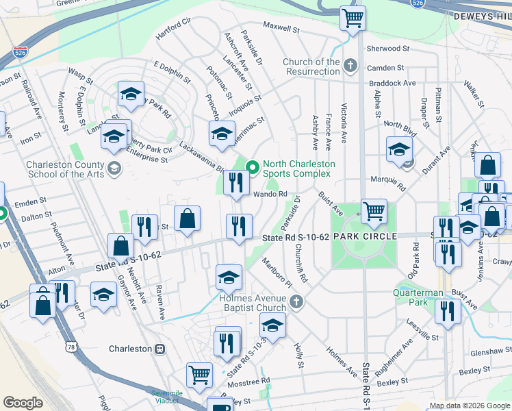 map of restaurants, bars, coffee shops, grocery stores, and more near 4811 Berckman Road in North Charleston