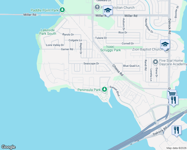 map of restaurants, bars, coffee shops, grocery stores, and more near 2221 Rockbluff Drive in Rowlett
