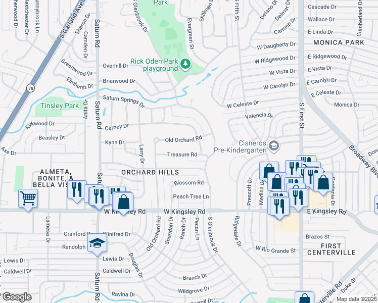 map of restaurants, bars, coffee shops, grocery stores, and more near 913 Treasury Road in Garland