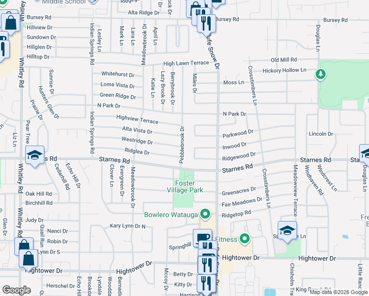 map of restaurants, bars, coffee shops, grocery stores, and more near 7728 Pebblebrook Drive in Watauga