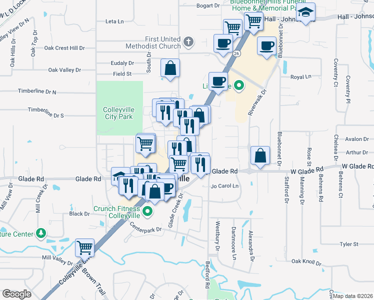 map of restaurants, bars, coffee shops, grocery stores, and more near 5017 Colleyville Boulevard in Colleyville