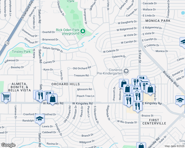 map of restaurants, bars, coffee shops, grocery stores, and more near 2818 Fairfax Drive in Garland