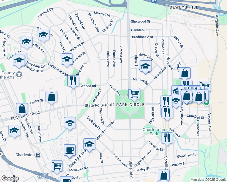 map of restaurants, bars, coffee shops, grocery stores, and more near 1201 Buist Avenue in North Charleston