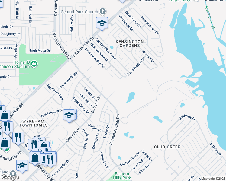 map of restaurants, bars, coffee shops, grocery stores, and more near 1615 Caddys Circle in Garland